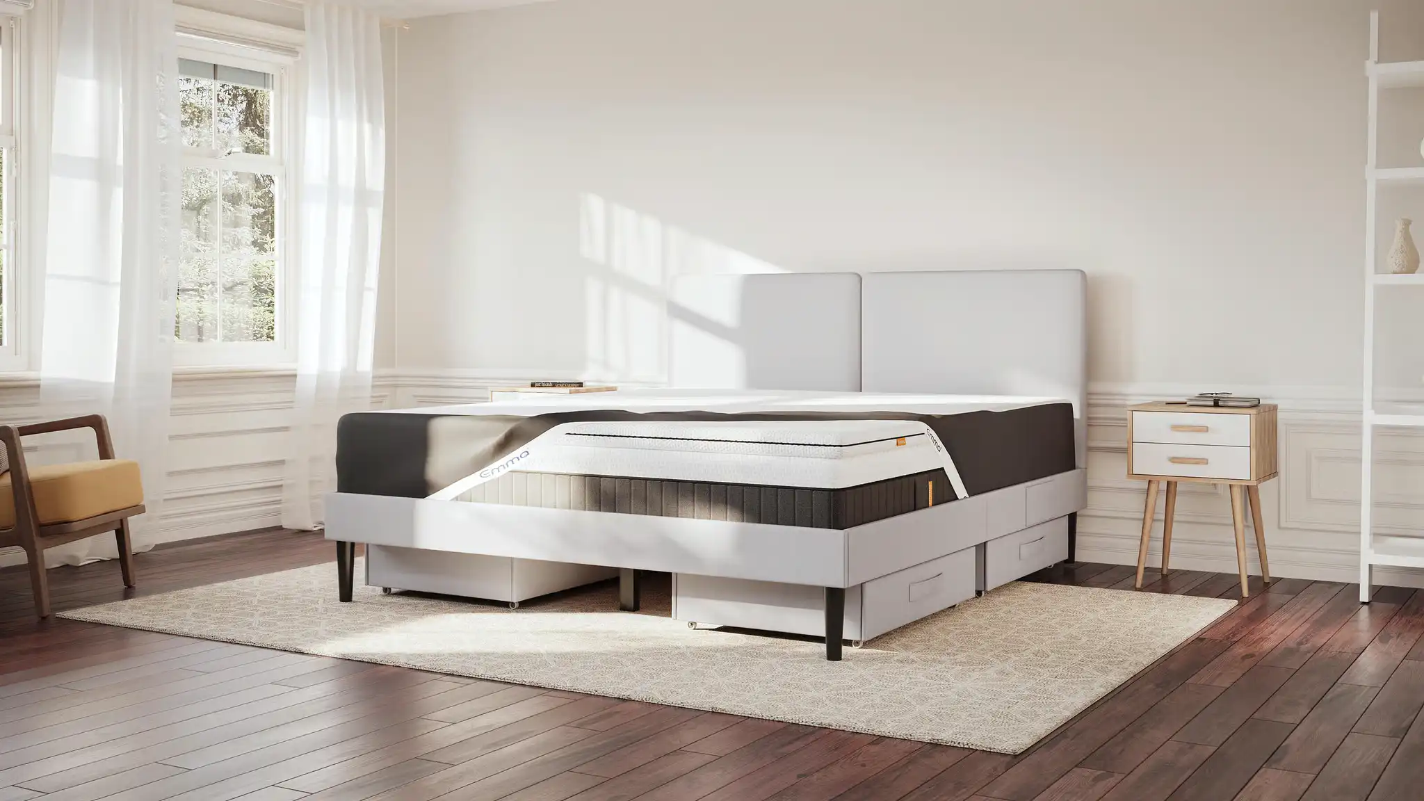 Relaxing bedroom featuring an Emma mattress for a comfortable nighttime routine